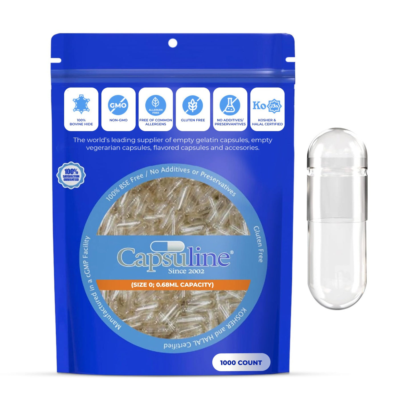 Clear Size 0 Empty Gelatin Capsules by Capsuline - 1000 Count - 1000